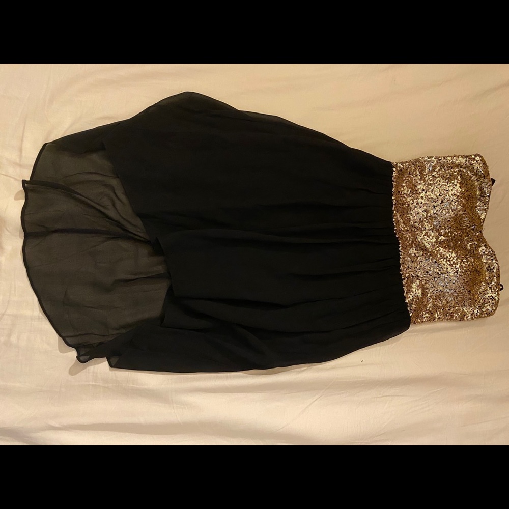 Gold glitter strapless asymmetrical dress